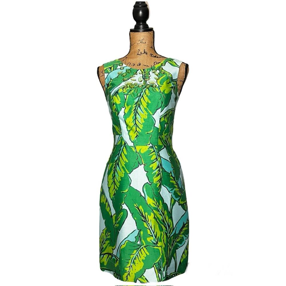 VINEYARD VINES GREEN BLUE LEAF SILK COTTON EMBELLISHED NECKLINE SHEATH DRESS 00